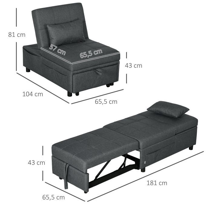Sillón convertible de 1 plaza - HOMCOM - respaldo ajustable, asiento acolchado y almohada - para salón, dormitorio, despacho, gris