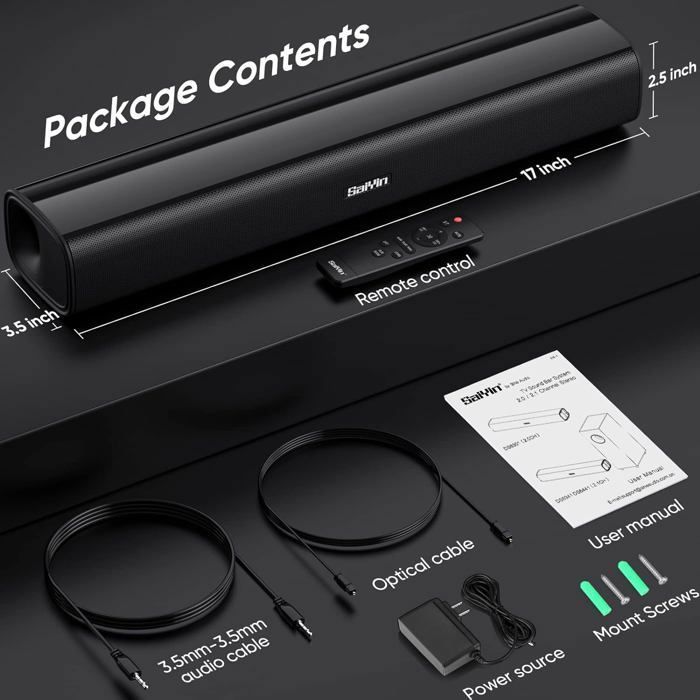 Saiyin Small Soundbar with 60W Peak Power, Bluetooth 5.3/Optical/AUX Connection for 17-inch TVs