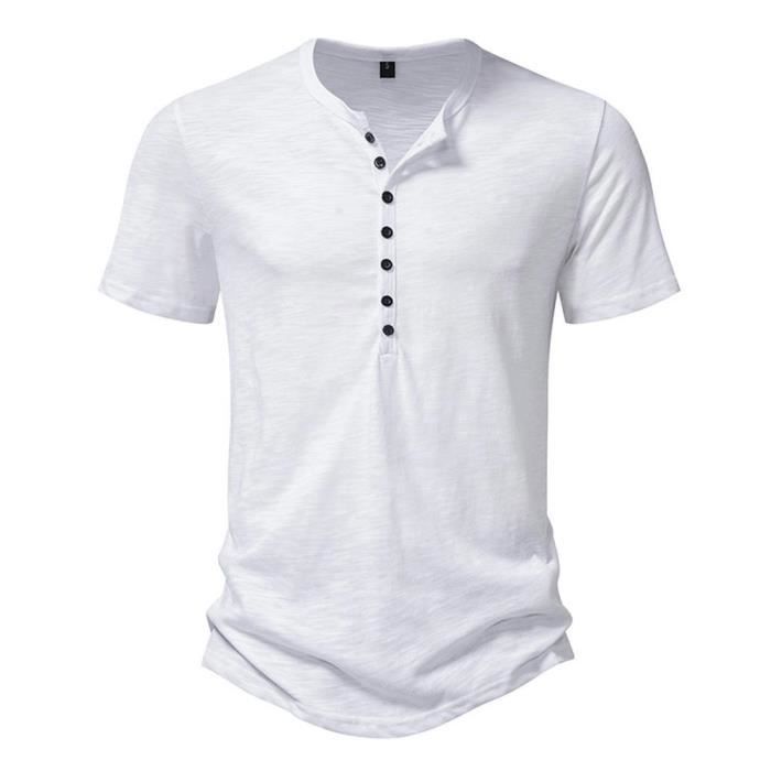 Men's Henley T-Shirt, Short Sleeve, Lightweight, Regular Fit, Summer, Crew Neck with 7 Buttons, Solid Color - EU Size - White