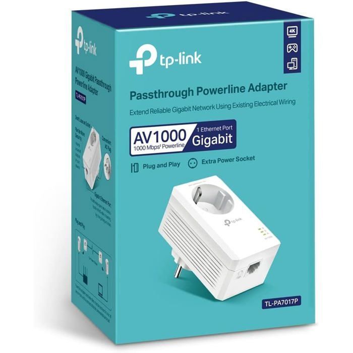 Adaptateur CPL TL-PA7017P AV1000 Gigabit avec prise d'alimentation(1 port Gigabit,Plug and Play,économie d'énergie,compatible avec
