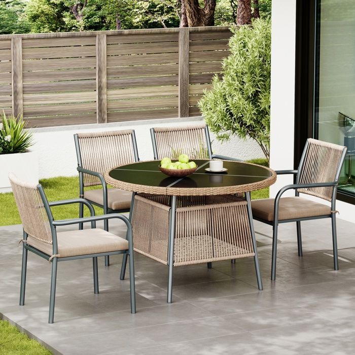 Conjunto de jardín moderno de ratán – Mesa redonda de cristal + 4 sillones, estructura de hierro, para patio o balcón – GRIS