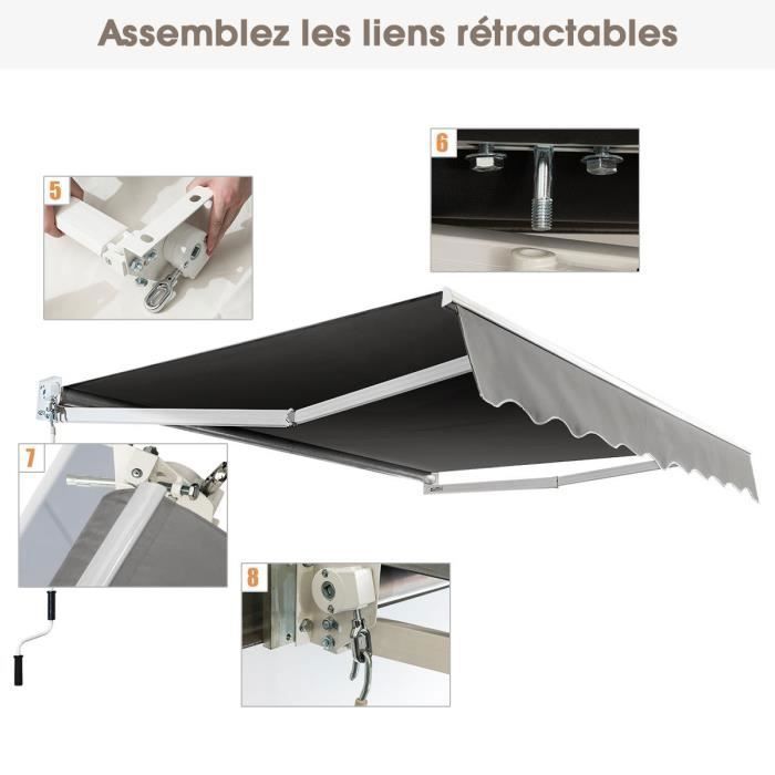 COSTWAY Manual Retractable Awning 245x200CM Adjustable Angle 40°-100° No Drilling Required Metal and Fabric for Window/Balcony/Garden Grey