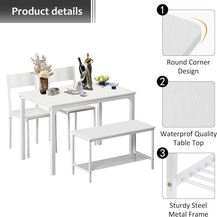 SogesHome Table a manger avec chaises 4 pièces avec étagère en Bois et Structure en Acier pour Salle à Manger et Cuisine，Blanc