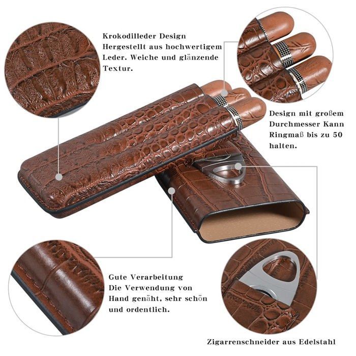 Estuche para puros de tres tubos, humidor de piel con estampado de cocodrilo, caja para puros con cortador de acero inoxidable, puros no incluidos.