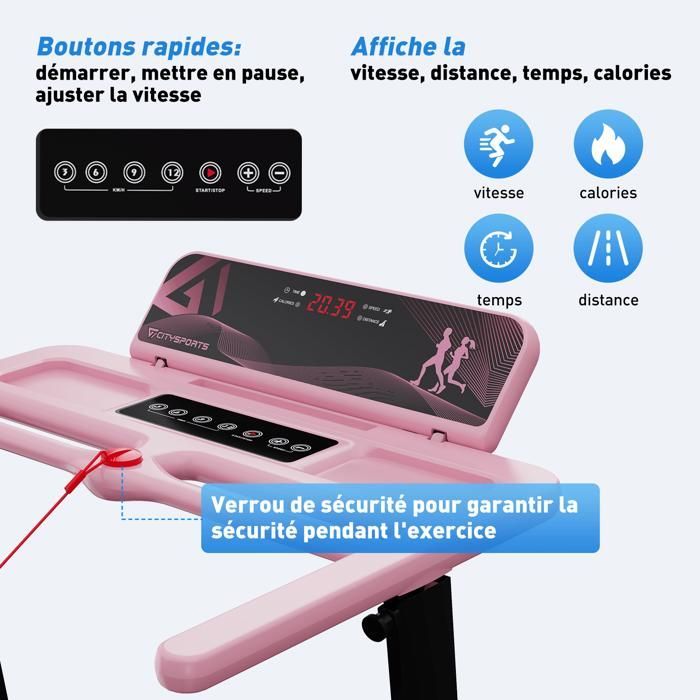 Tapis de Course Pliable et Inclinable 7.7%,Rose,APP,1-12km/h.1400w.Roulettes à Déplacer.
