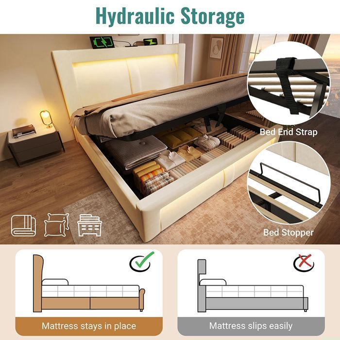 Cama tapizada con almacenamiento de 180x200 cm, cama doble con almacenamiento, LED con control por aplicación, USB y Tipo-C, cabecero curvo, terciopelo, beige.