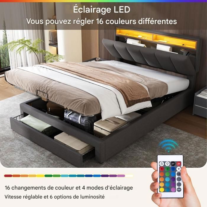 Structure de lit - SUNFECILI - 140x190 cm - avec sommier - éclairage LED - 2 tiroirs de rangement