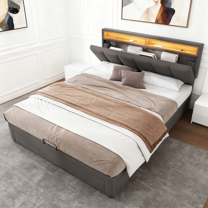 Cama con almacenamiento de 140x190 cm - NEXU - Gris antracita - LED integrado - Cajones de almacenamiento - Cabecero ajustable