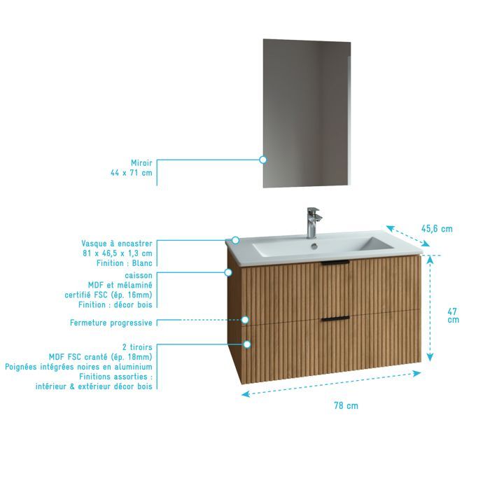 Mueble de baño con lavabo individual de 80 cm, fabricado en madera MDF corrugada.