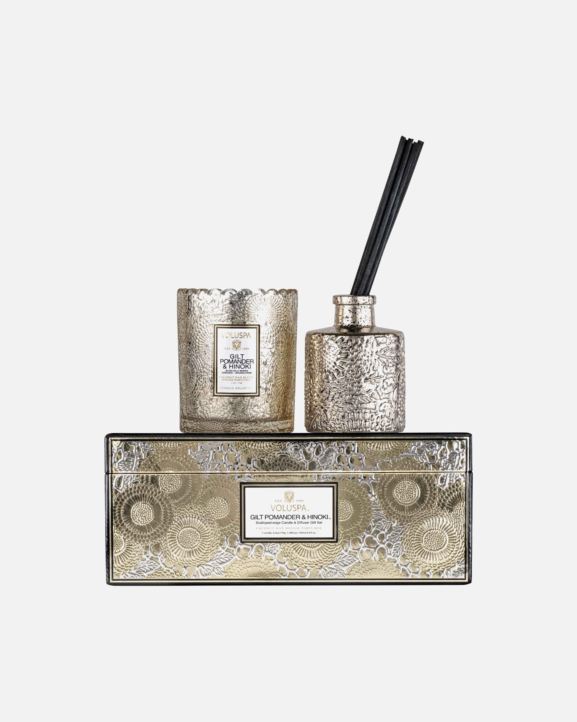 VOLUSPA Gilt Pomander Hinoki Scalloped Candle + Reed Diffuser
