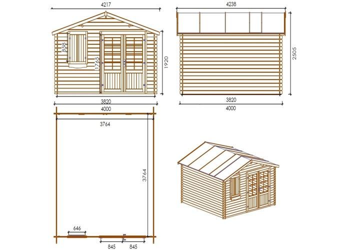 Houten tuinschuur - 16m² - 4x4m - 28mm dik - Kleur: naturel - DOM130