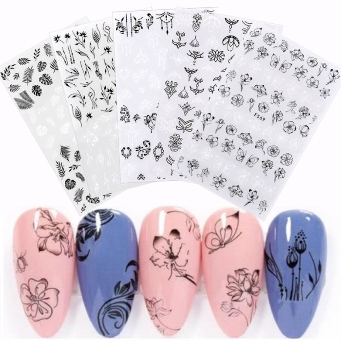 1 stuk zwart-witte zelfklevende transferstickers voor nail art met bloem- en bladmotief, geschikt als sliderstickers of accessoires.