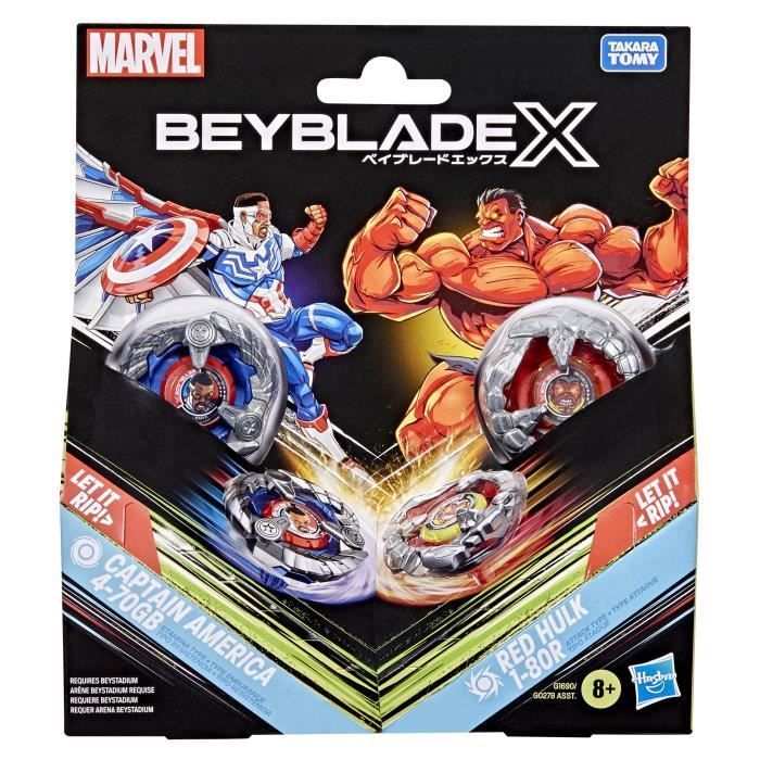Beyblade X Multipack: Captain America 4-70GB vs. Red Hulk 1-80R, geschikt voor kinderen vanaf 8 jaar.