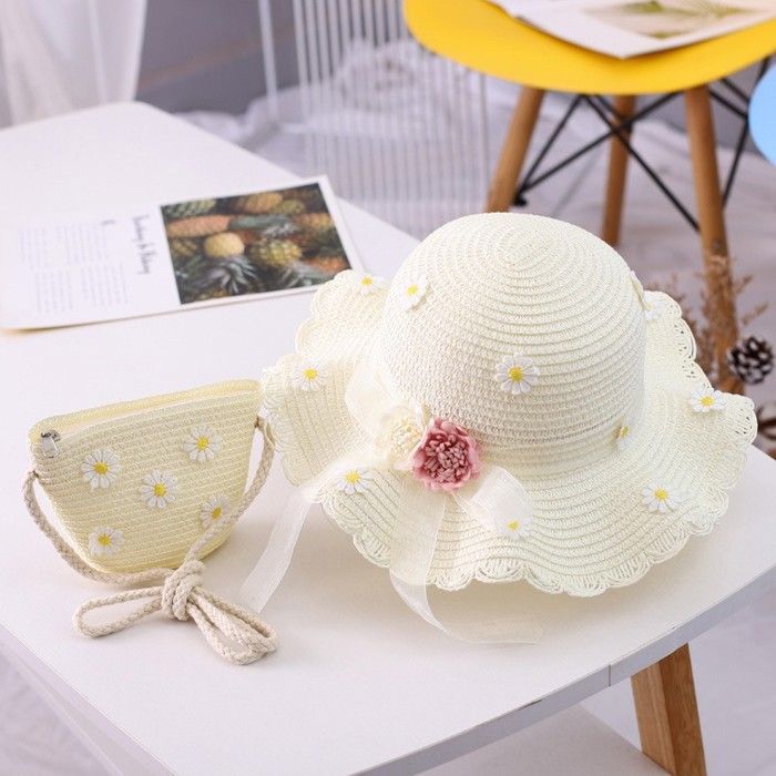 Conjunto de sombrero de paja y bolso para niña FUNMOON, pequeño, de 2 piezas, con estampado floral, nueva colección - 592201