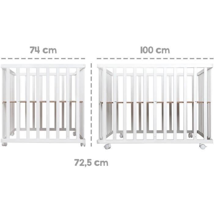 Parque infantil plegable ROBA - LITTLE STARS - 75 x 100 cm - Altura regulable - 4 ruedas con freno - Madera lacada en blanco - Estampado de estrellas