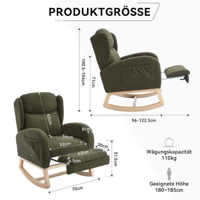 Rocking nursing chair with adjustable footrest, high back and comfortable Teddy fabric - Green