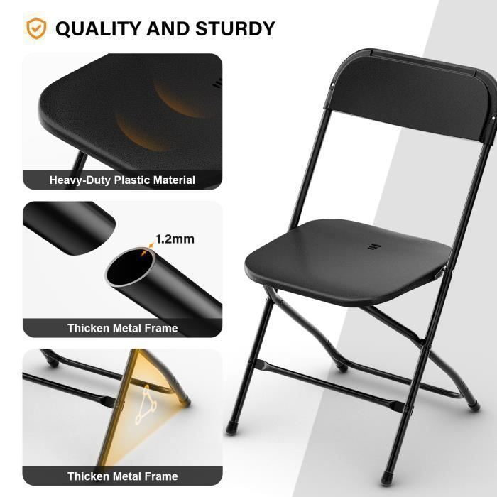 Lot de 20 chaises pliantes en plastique noir, sièges commerciaux empilables portables intérieurs et extérieurs avec cadre en acier