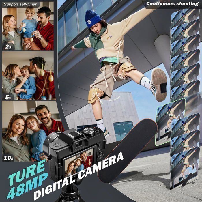 Vera videocamera digitale 4K per fotografia e vlogging, 48 MP/60 FPS, Wi-Fi e controllo tramite app.