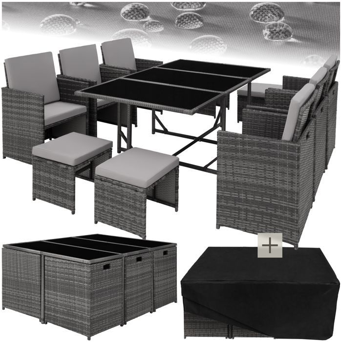 Muebles de jardín - TECTAKE - MALAGA - Conjunto de comedor exterior plegable y apilable para 10 personas en ratán con funda - Gris