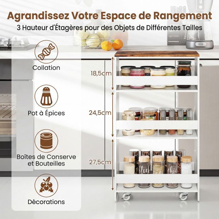 Carrinho de Cozinha Estreito GIANTEX com Rodas e Freios - 47,5x25x80,5cm - Carrinho de Servir com 4 Prateleiras e Alça - Branco + Marrom