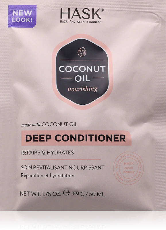 Condicionador revitalizante HASK com óleo de coco Monoi para cabelos brilhantes e macios.