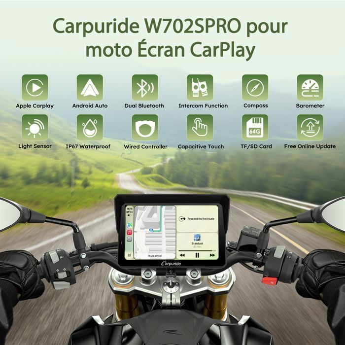 Radio GPS para motocicleta CARPURIDE W702SPRO con pantalla CarPlay y compatibilidad con BM05 para Plug-and-Play, CarPlay y Android Auto, controlador con cable.