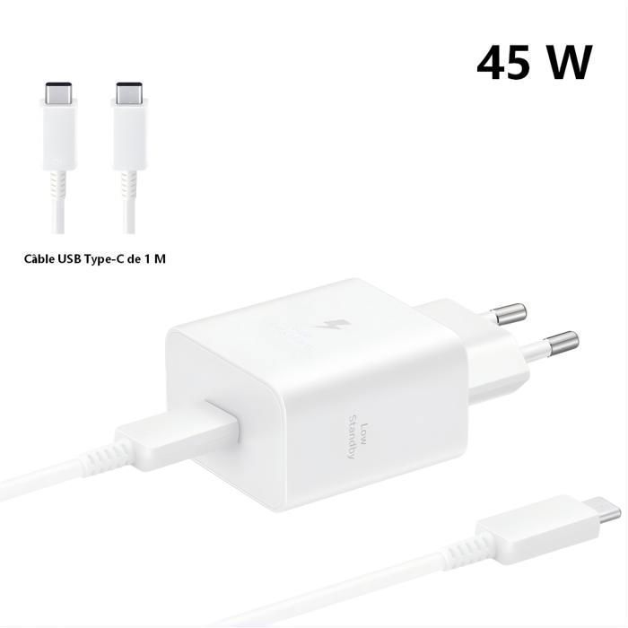 Cargador ultrarrápido de 45 W - Para smartphones Samsung Galaxy - Blanco (Cable incluido)