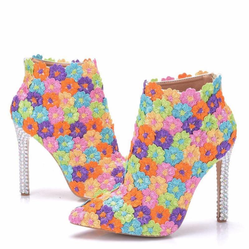 Scarpe da sposa di alta qualità, stivaletti da donna, stivali invernali con tacco sottile e alto 11 cm, cerniera, fiore, perla, punta affusolata, stivale da donna