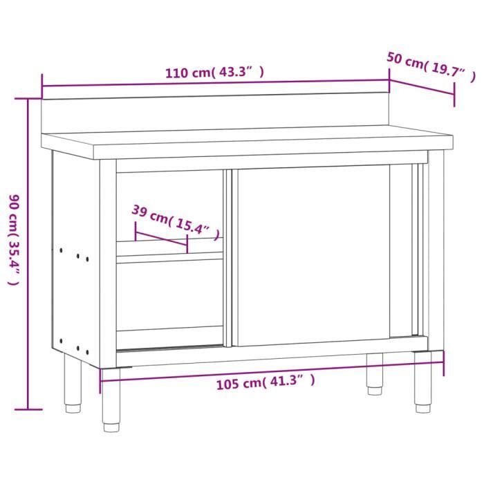 Mesa de trabajo de cocina - KEENSO - A376441 - Acero inoxidable - 110 x 50 x 90 cm - 2 puertas correderas