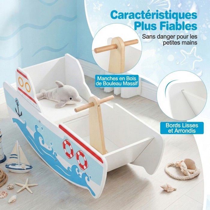 Jouet à Bascule COSTWAY pour Enfants 1 - 5 Ans,Bateau à Bascule Bois avec Tthème Nautique Charge Max.:50 kg