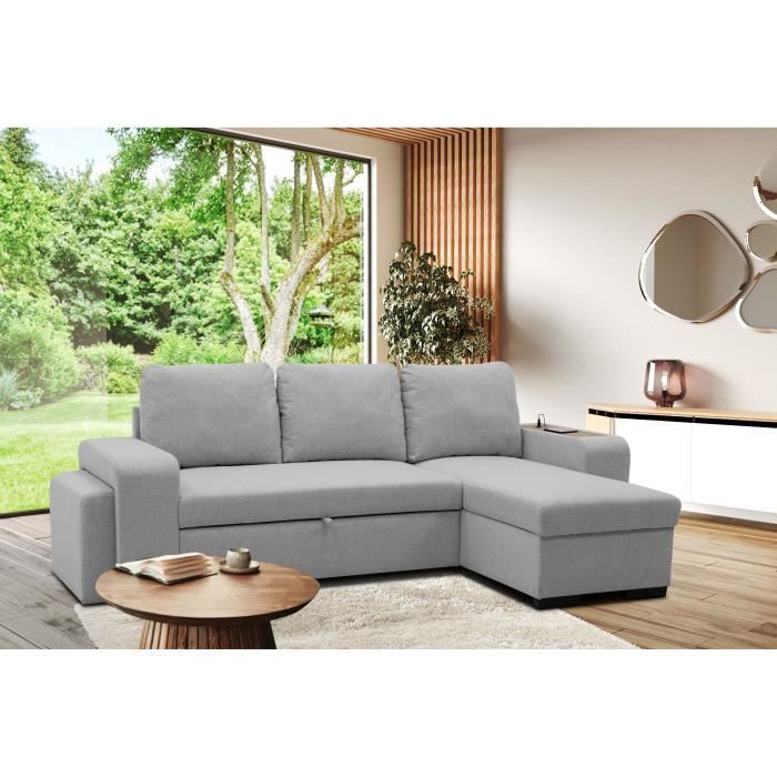 Sofá-cama de canto reversível VALDO de 3 a 4 lugares - Tecido Mouse - Tablet com USB - Armazenamento + Puff - L247xP143xA86 cm