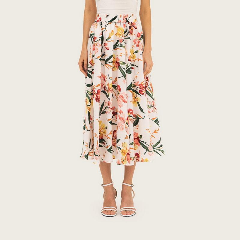 Faldas de mujer de media pantorrilla para primavera y verano, faldas midi con estampado floral en línea A, faldas casuales de cintura alta para mujer.
