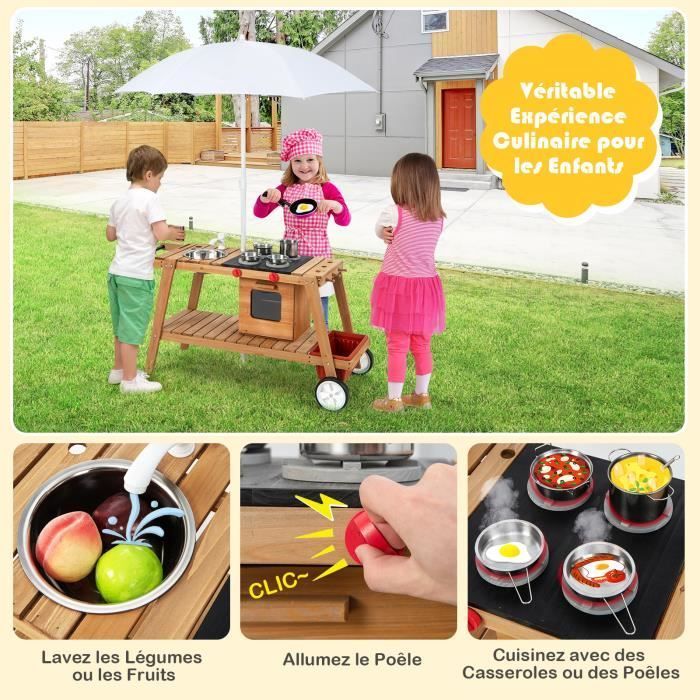 Cocina infantil de madera DREAMADE, carrito rodante para juegos de imitación al aire libre, sombrilla, horno, caja de almacenamiento extraíble, para niños de 3 años en adelante.