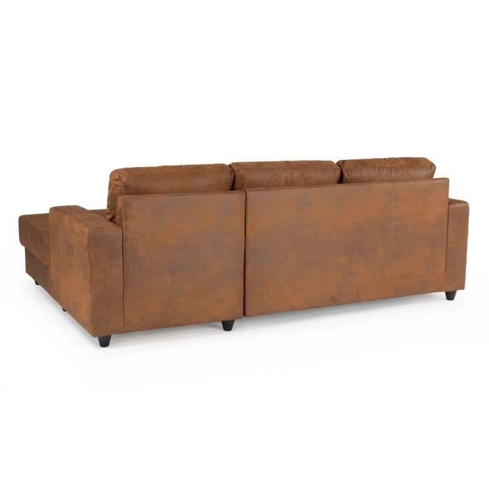 Sofá esquinero derecho de 4 plazas - Tapicería marrón vintage - Estilo contemporáneo - Ancho 215 x Profundidad 140 x Alto 86 cm - PAUL