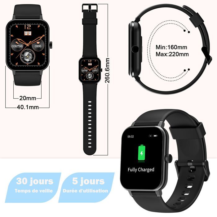 Montre Connectée Bluetooth Homme avec écran HD 1,85,Montre Étanche pour iOS Android ,2 Bracelet Connecté,Montre Sport Podomètre