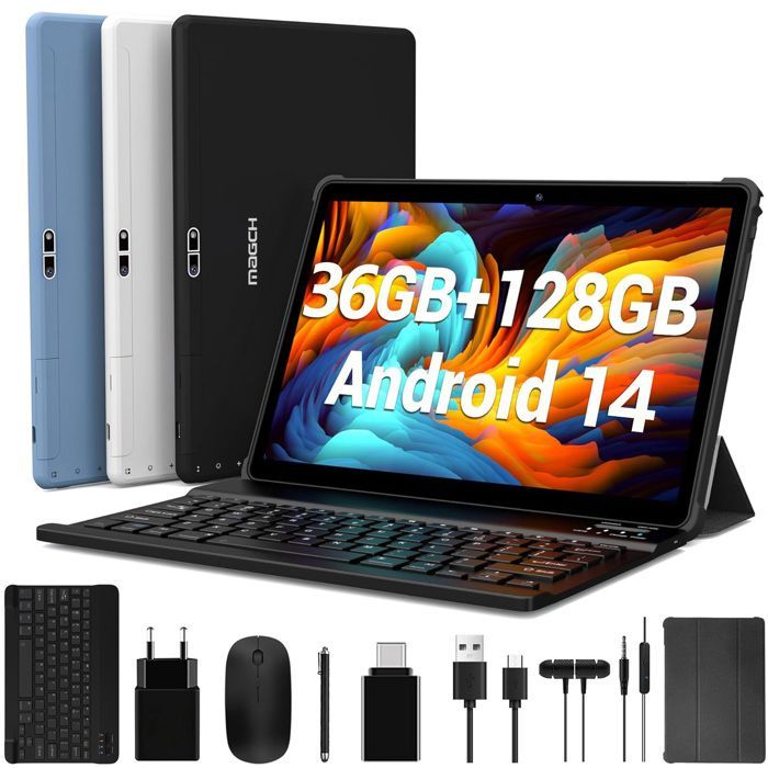 Tablet MAGCH da 10,1 pollici, Android 14, 36 GB + 128 GB, Octa-Core, Wi-Fi 5G, TYPC-C, batteria da 8000 mAh, accessori inclusi - Nero