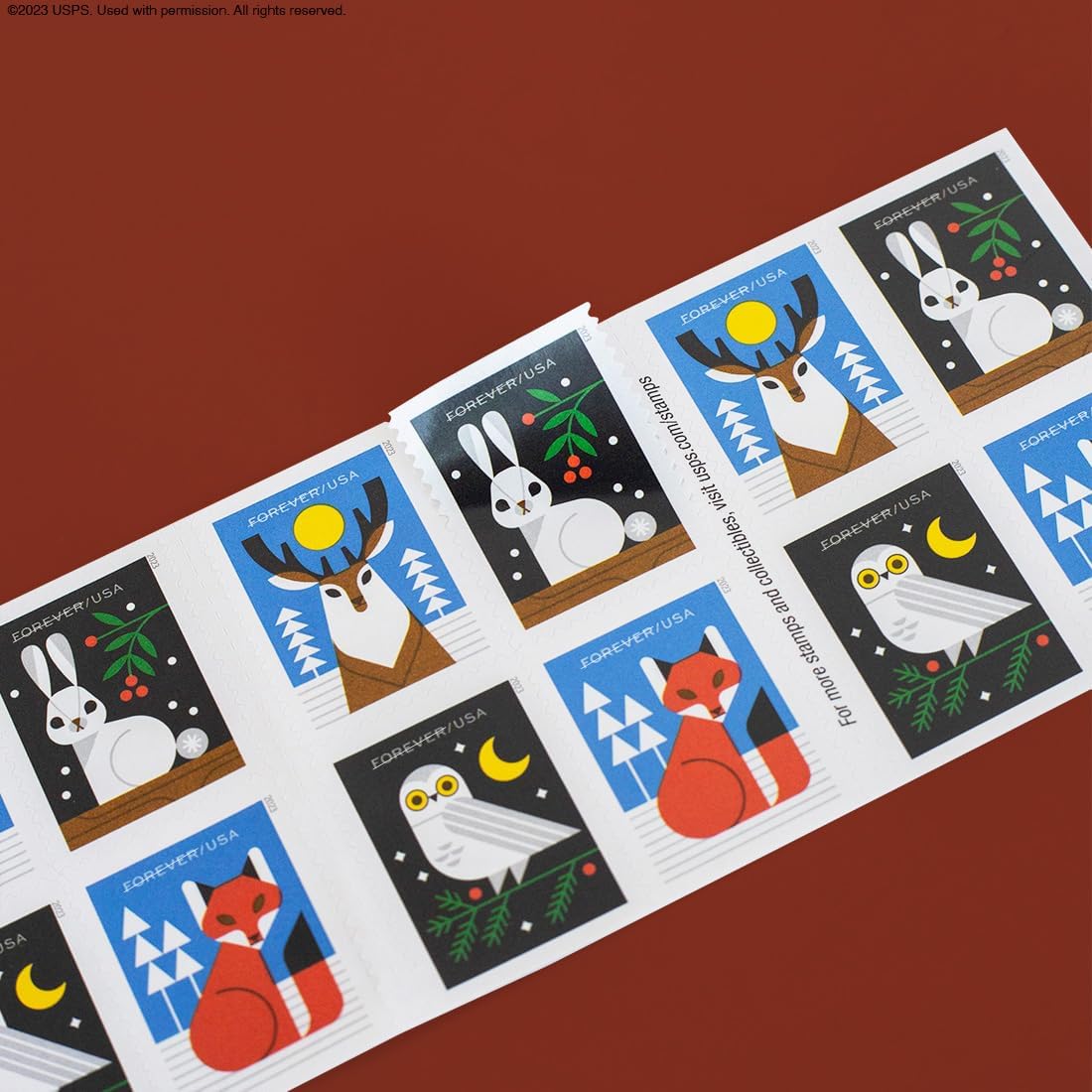2023 Winter Woodland Animals Forever Postage Stamps (a Deer. Fox. Rabbit. and Owl