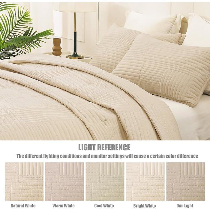 Colcha de 220x240 cm con 2 fundas de almohada, suave y ligera con estampado de rayas. #Beige BEI CAMA
