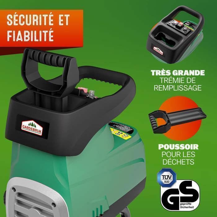 GARDEBRUK® Trituratore di legno e rami silenzioso da 3100 W, diametro massimo dei rami 44 mm, 2 contenitori di raccolta da 60 litri, trituratore di rami elettrico