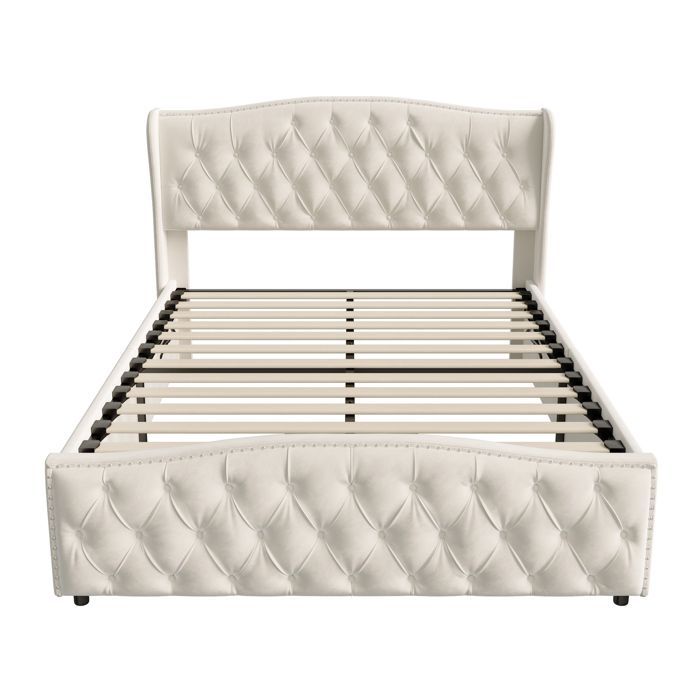 Lit coffre Lit rembourré avec levier hydraulique rangement Lit adulte 140x200 cm Structure de Lit 140 x 200 cm Lattes en Bois, Beige