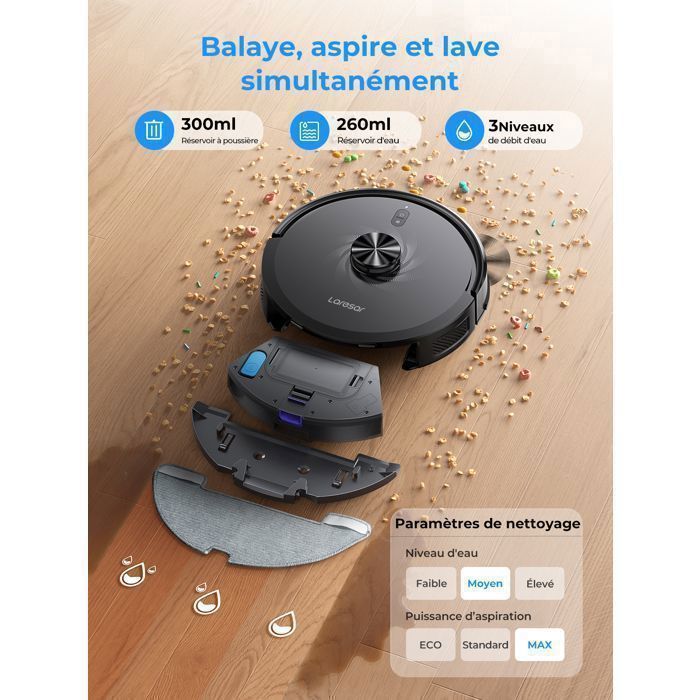 Laresar L30 Aspirateur Robot Laveur 10,000Pa avec Station sans Sac Vidage Automatique, Navigation LiDAR, Connecté APP/Alexa