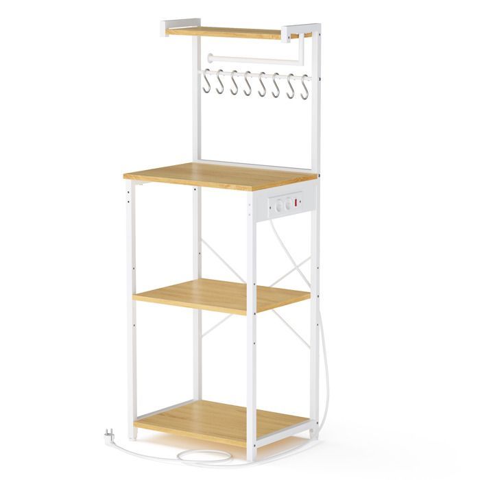 Mueble de almacenamiento de cocina con estante ajustable, 8 ganchos, barra de café, 4 niveles, blanco y roble.