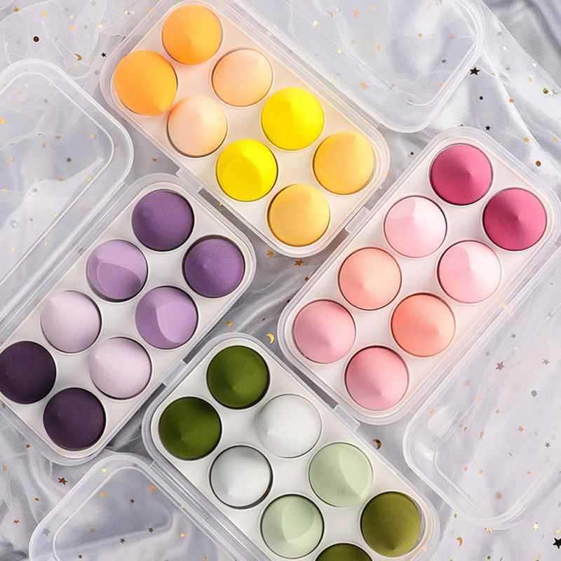 Ensemble de 8 éponges à maquillage en forme d'œuf, avec effet goutte d'eau, et coussinets colorés. Utilisation sur peau sèche ou humide.