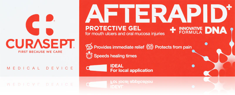 Curasept Afterapid+ é um gel protetor para dispositivos médicos indicado para aftas e feridas menores na cavidade oral.