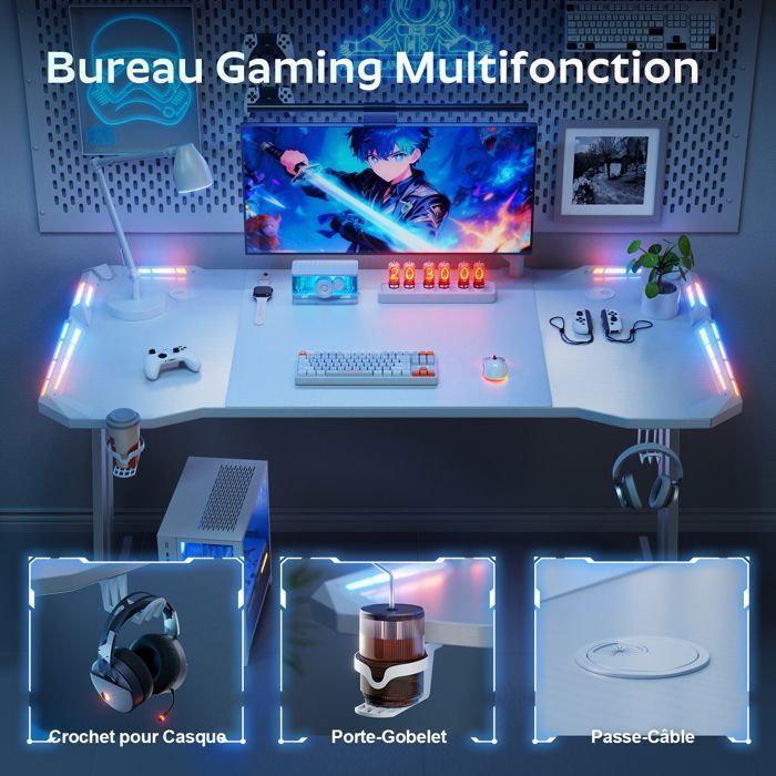 Scrivania da gaming - HLONONE - 140 x 60 cm - Resistente ai graffi - Ergonomica - LED bianchi