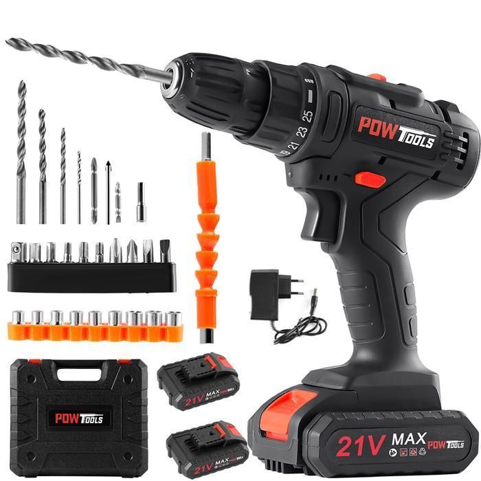 Taladro atornillador inalámbrico POWTOOLS - 21 V - 2 baterías de litio + 28 accesorios + cargador