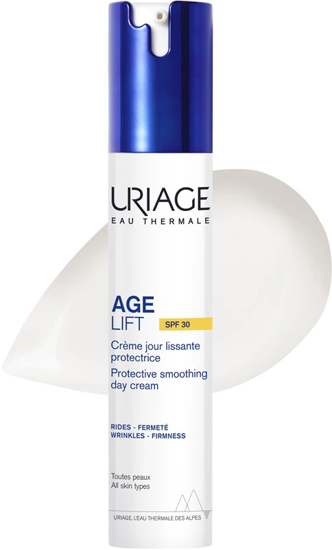 „Uriage Age Lift“ apsauginis lyginamasis dieninis kremas su SPF30, dieninis kremas nuo raukšlių ir pigmentinių dėmių.