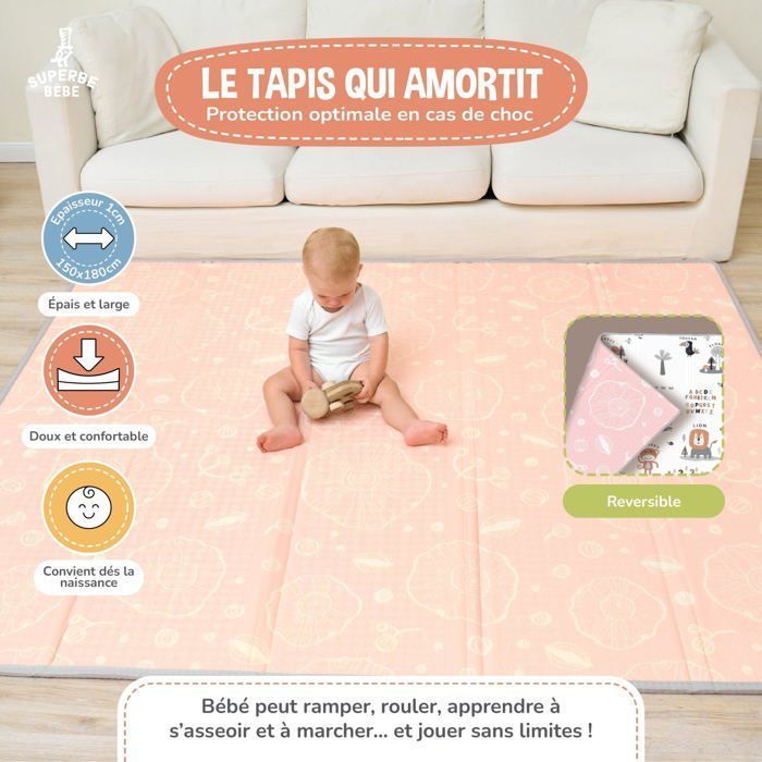 Alfombra de juegos plegable reversible e impermeable - 180x150x1cm | Alfombra de juegos de espuma para niños - JUNGLA | SUPERB BABY