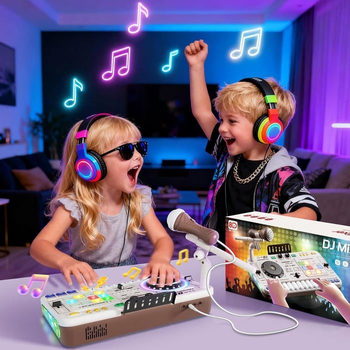 Mixer per DJ per bambini dai 3 ai 10 anni con microfono, oltre 100 effetti sonori, giocattolo musicale con luci, bianco.