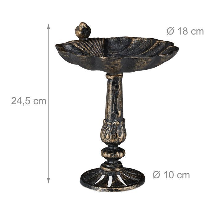 Relaxdays Abreuvoir oiseaux, fonte de fer, décoration jardins, style antique, mangeoire sur pied, 40 cm de haut, bronzé